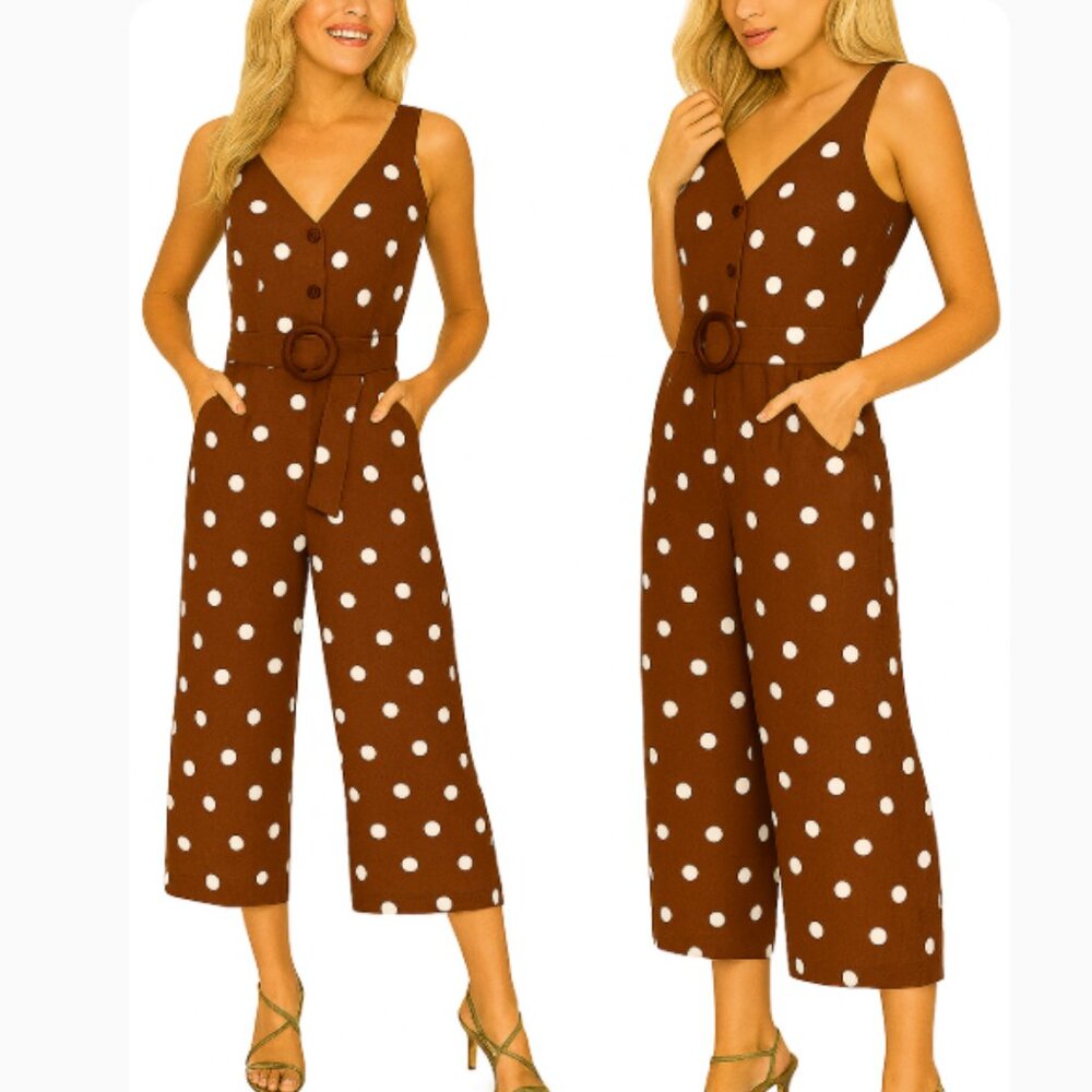 Monteau Brown Polka Dot Sleeveless Belted Jumpsuit